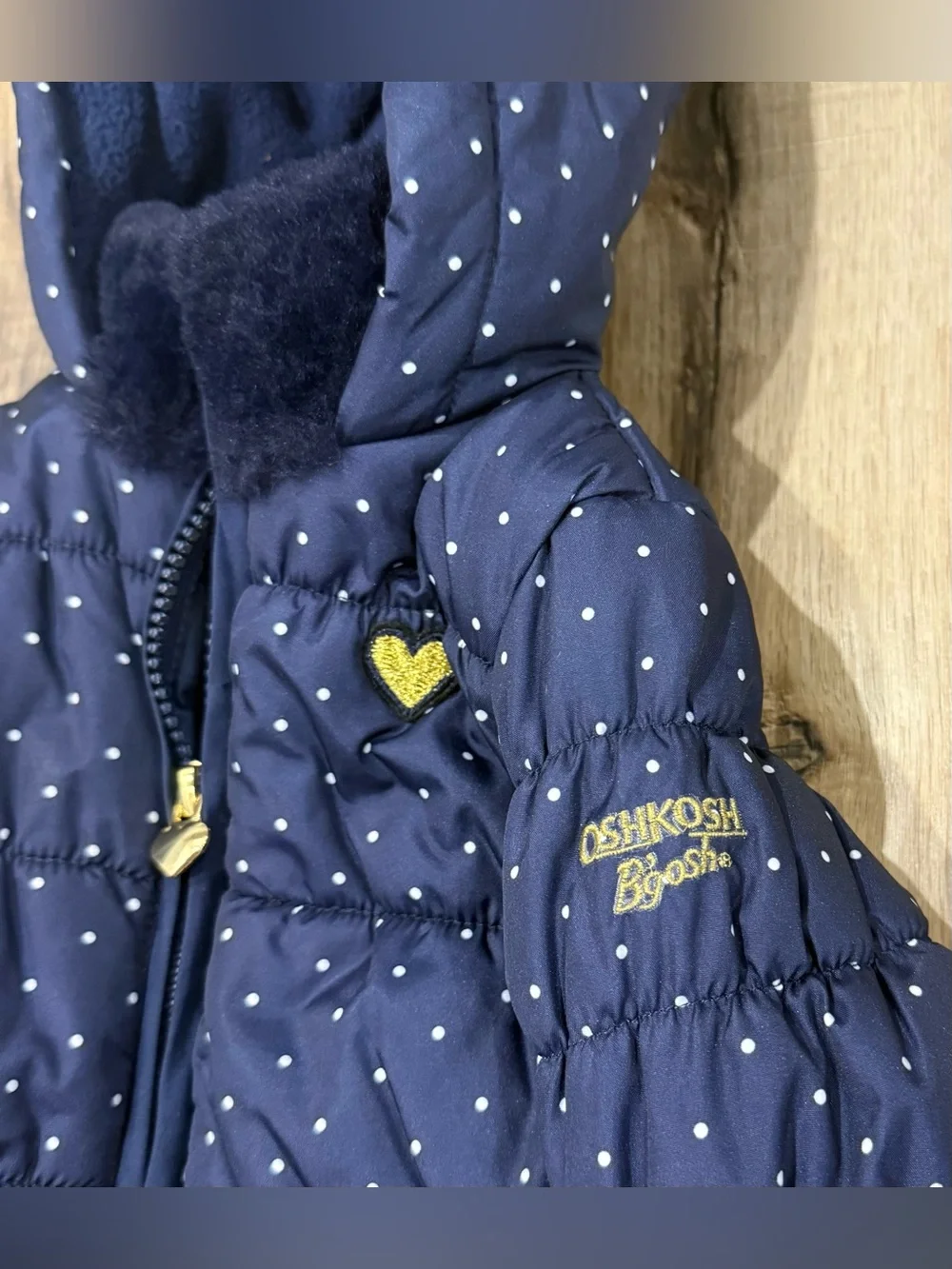 OshKosh B’gosh Baby Girls 12M Navy Polka Dot Hooded Puffer Winter Coat
